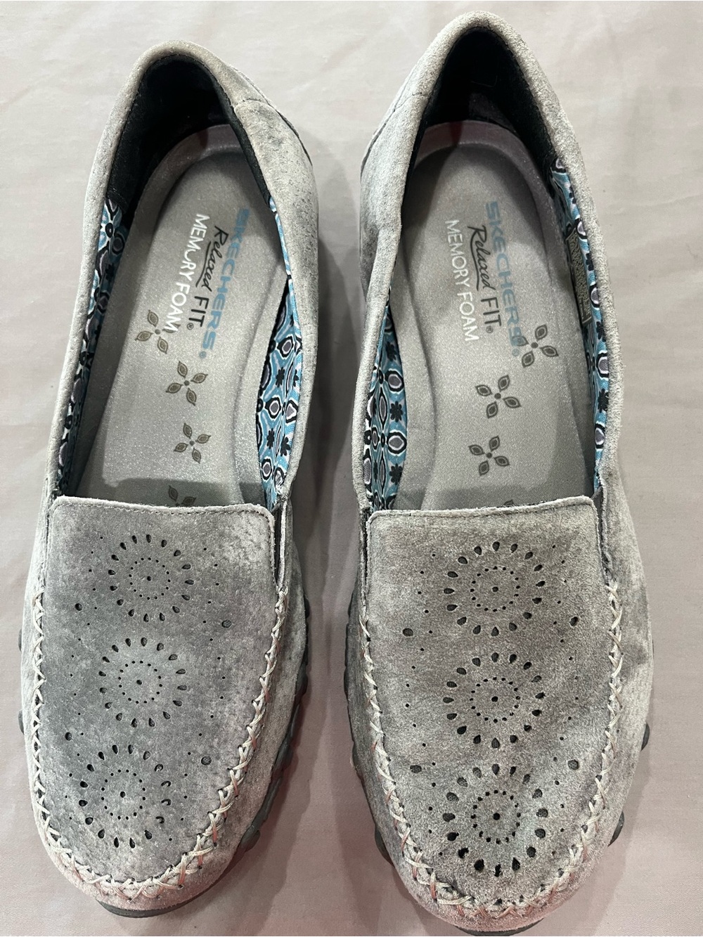 Skechers Women's Light Gray Suede Perforated Memory Foam Slip-Ons